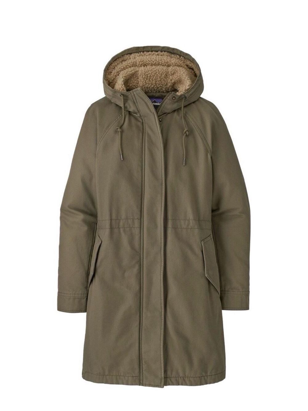 Patagonia Prairie Dawn Parka. Olive Hooded Trench Coat with Sherpa Lining